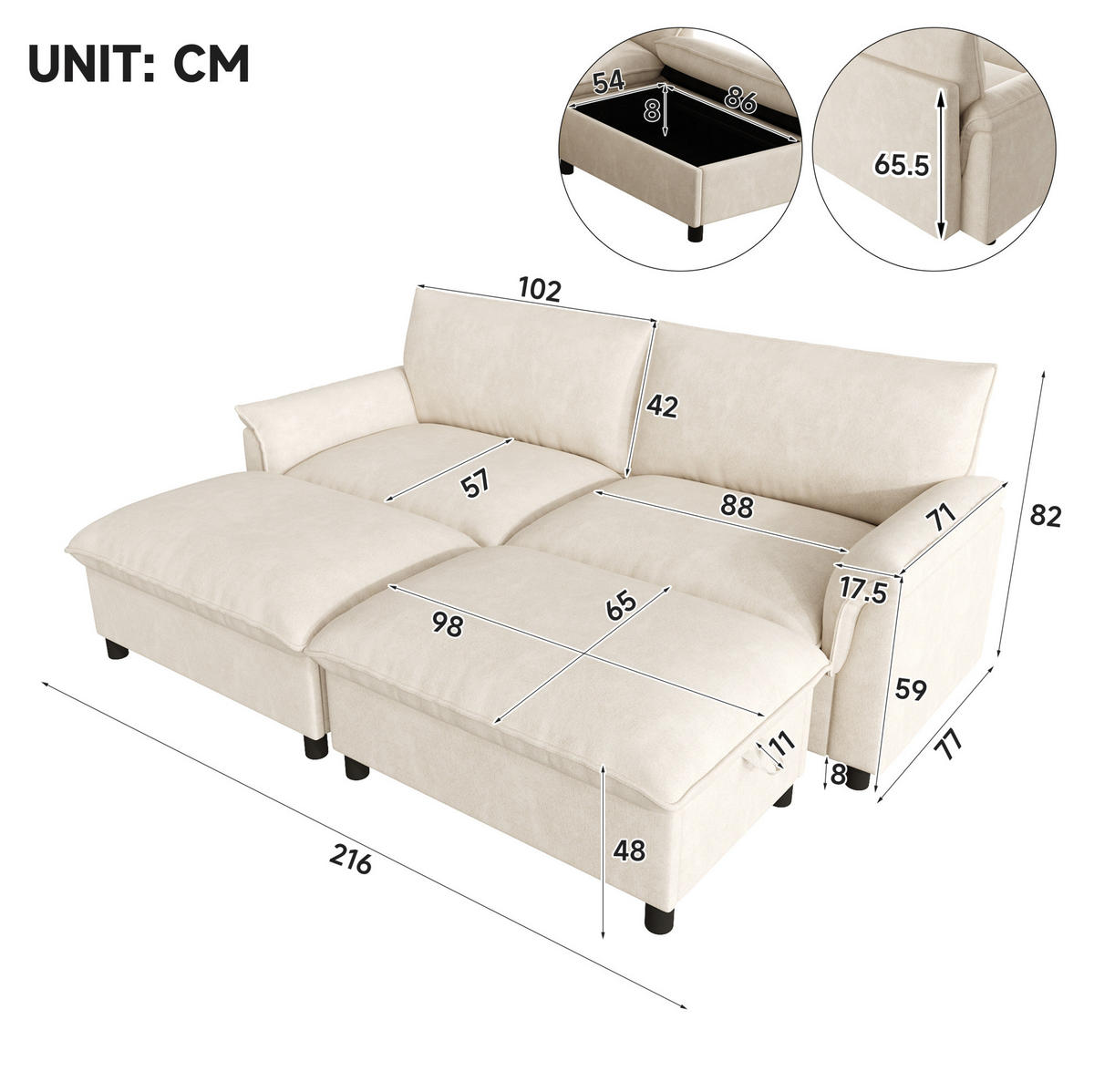 ECKSOFA 216/77/82 cm mit Schlaffunktion, beweglichem Fußhocker und Stauraum aus Chenille, Beige - Beige, Textil (216/77cm) - Redom