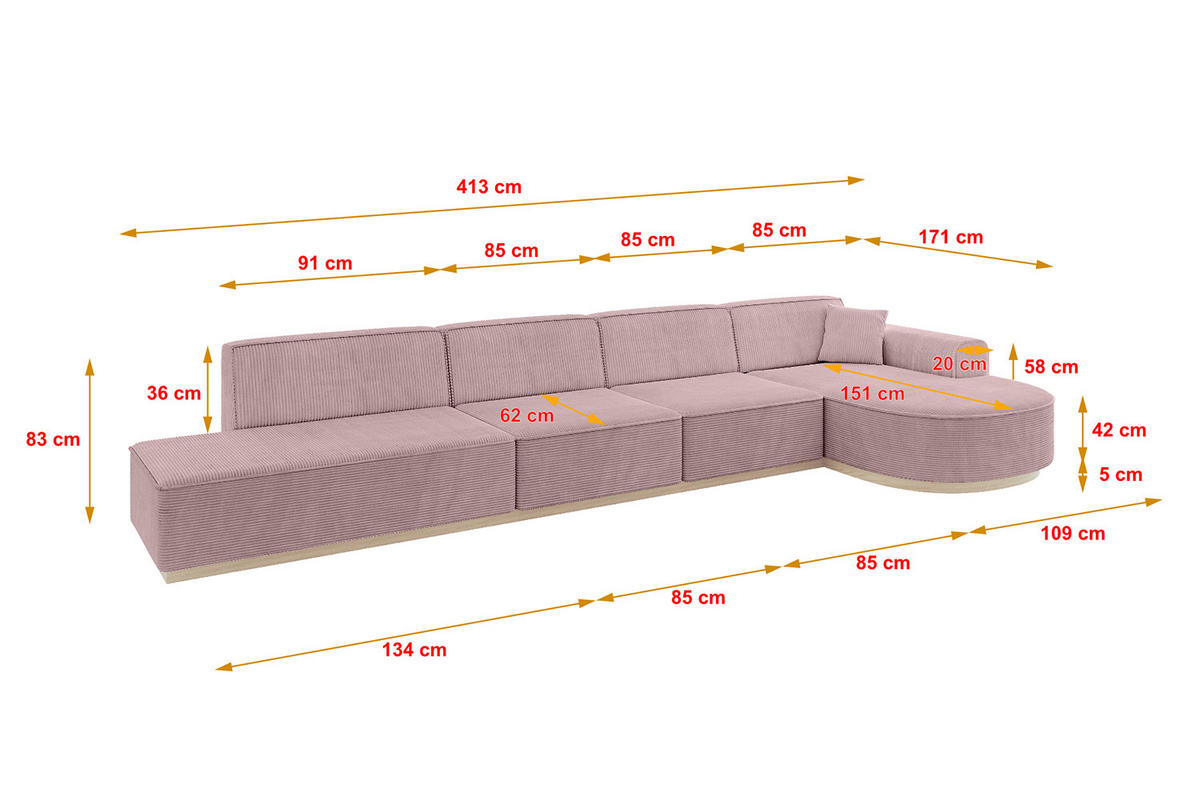 ECKSOFA Ottomane Rechts ARRIO-L3 - 413x171x83 cm Rosa - Rosa, Holzwerkstoff/Textil (413/171cm) - ALTDECOR