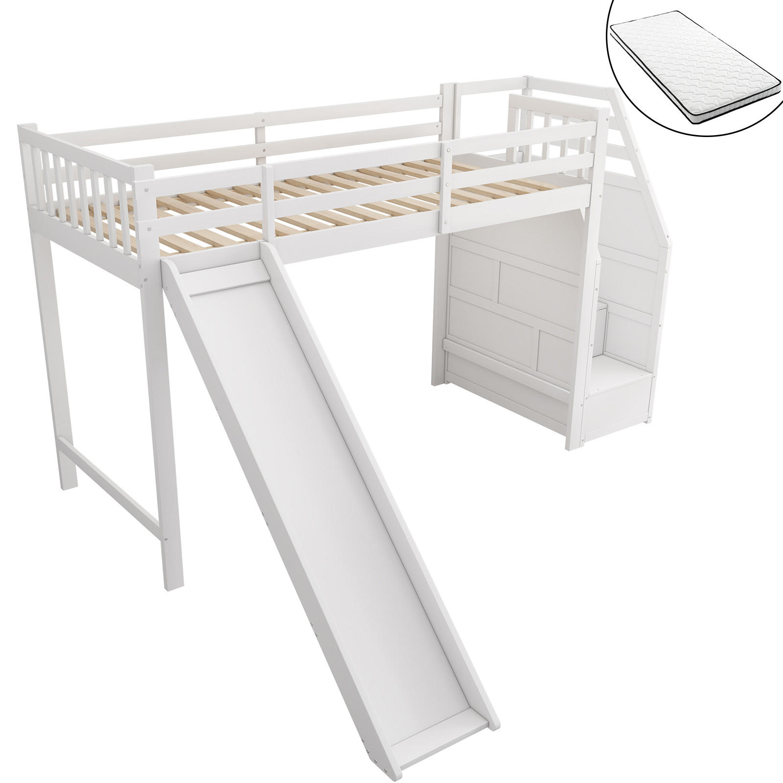 HOCHBETT 90/200 cm weiß mit Rutsche und abnehmbarem Schutzgitter mit Matratze - Weiß, Holzwerkstoff (90/200cm) - OKWISH