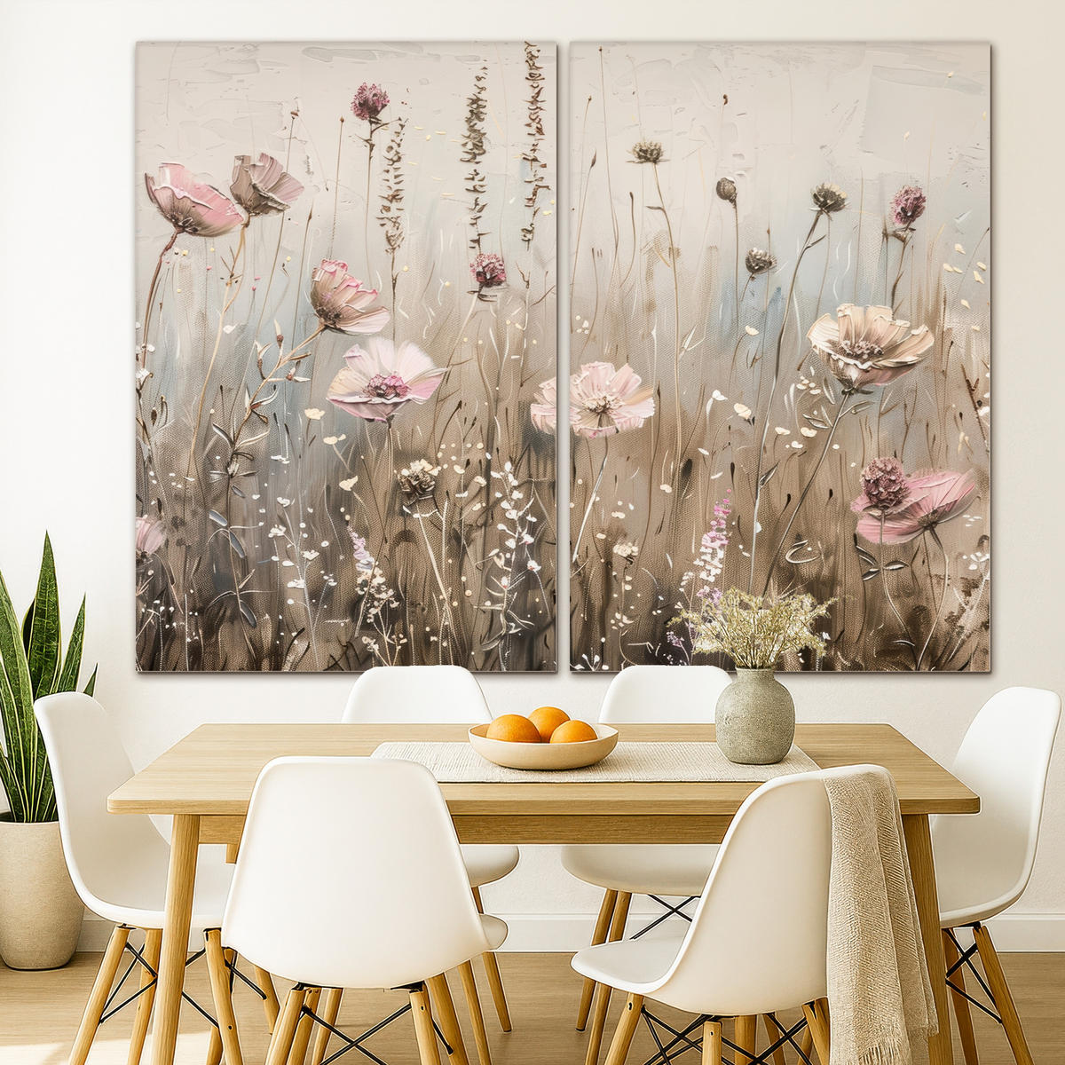 LEINWANDBILD 2er Set Blumen - Beige - Modern - Rosa 240x180 cm - Ecru, Textil (240/180cm) - MuchoWow