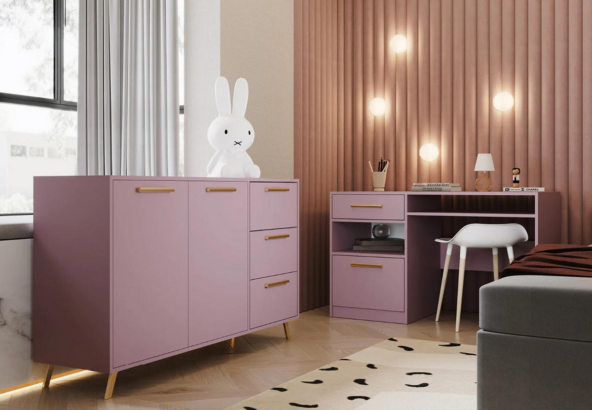 KOMMODE Nancy mit 3 Schubladen und 2 Türen, Sideboard in Farbe: Rosa, Schrank in Größe: 140 x 86 x 41 cm - Rosa, Holzwerkstoff (140/86/41cm) - Agmat-Furniture