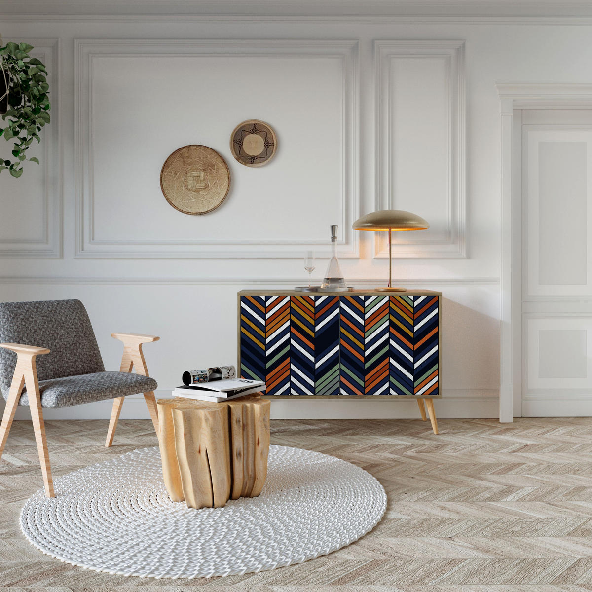 SIDEBOARD VIBRANT PATCHWORK, Eicheneffekt, 111x42x77,5 cm, 2 Türen - Eichefarben/Buchefarben, Holzwerkstoff/Buchenholz (111/77.5/42cm) - SpaceRebels