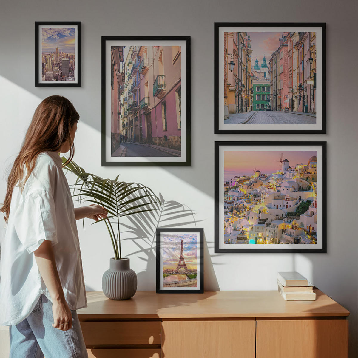 BILDER SET 5er Set - 50x50 cm & 20x30 cm & 40x60 cm Schwarzer Rahmen - New York Paris Oia Warschau Dämmerung - Schwarz, Kunststoff (40/60cm) - TULUP