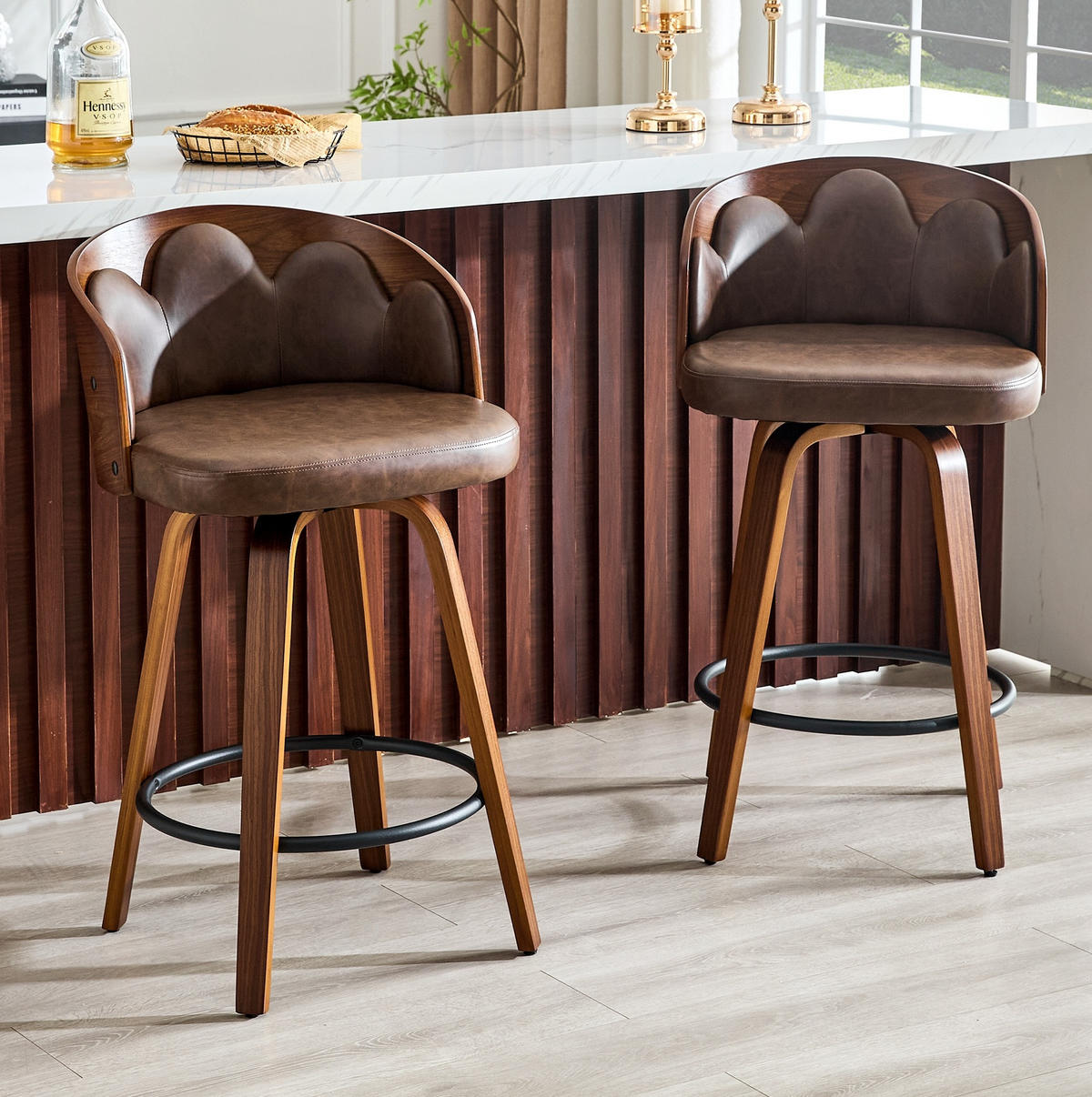 BARHOCKER 2er-Set mit Blüten-Rückenlehne Braun - Braun, Holz (41.5/89/46.5cm) - Meubliv