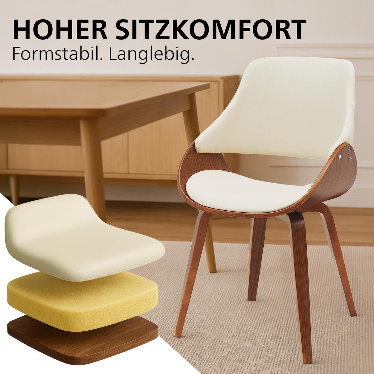 ESSZIMMERSTUHL 2 Lederlook Walnuss/Creme - Walnussfarben/Creme, Holz/Textil (52/86/54cm) - CLP
