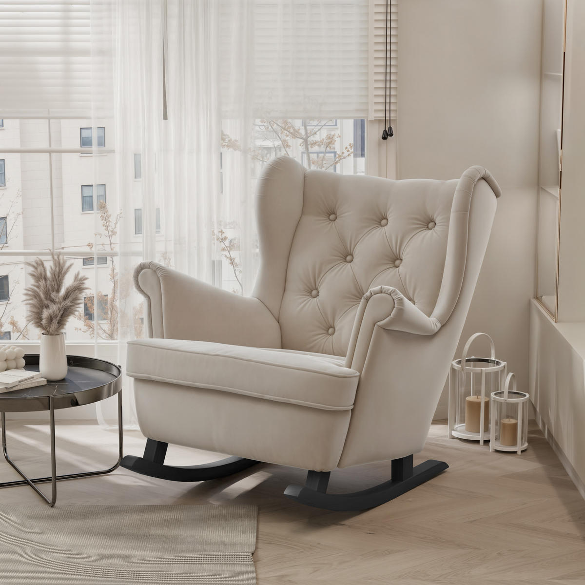 SCHAUKELSESSEL SCANDI Holzfüße, Samt Beige - Beige, Holz/Textil (75/97/60cm) - Idohome