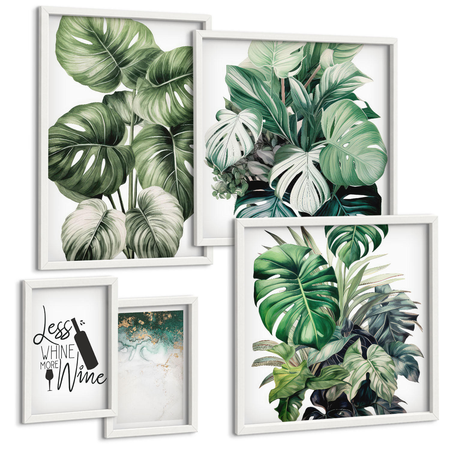 BILDER SET 5er Set - 50x50 cm & 20x30 cm & 40x60 cm Weißer Rahmen - Grüne Weinblätter - Weiß, Kunststoff (40/60cm) - TULUP