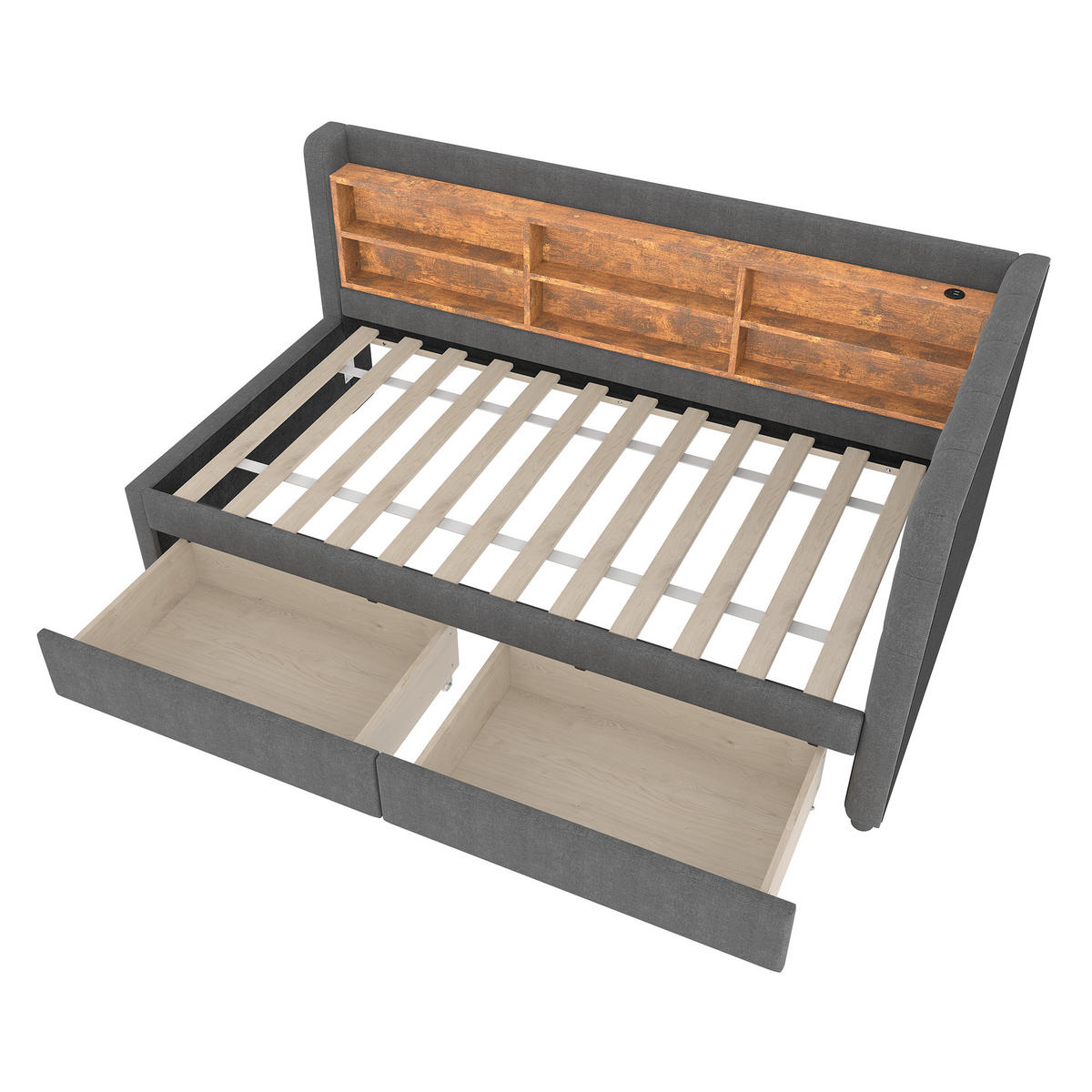 TAGESBETT mit 2 Schubladen und USB 90x200 cm Leinen Grau - Grau, Holz (90/200cm) - Meubliv
