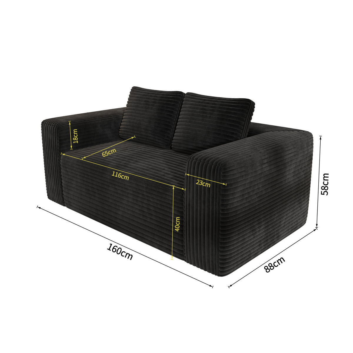 SOFA 2-Sitzer ohne Montage Cord Schwarz - Schwarz, Kunststoff (160/58/88cm) - Meubliv