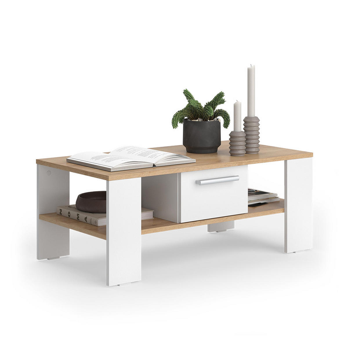 COUCHTISCH Wilmut Goldkraft Eiche/Weiß 89.8 x 46.4 cm mit Schublade - Honigeiche/Weiß, Holzwerkstoff (46.4/89.8/35.8cm) - Vicco