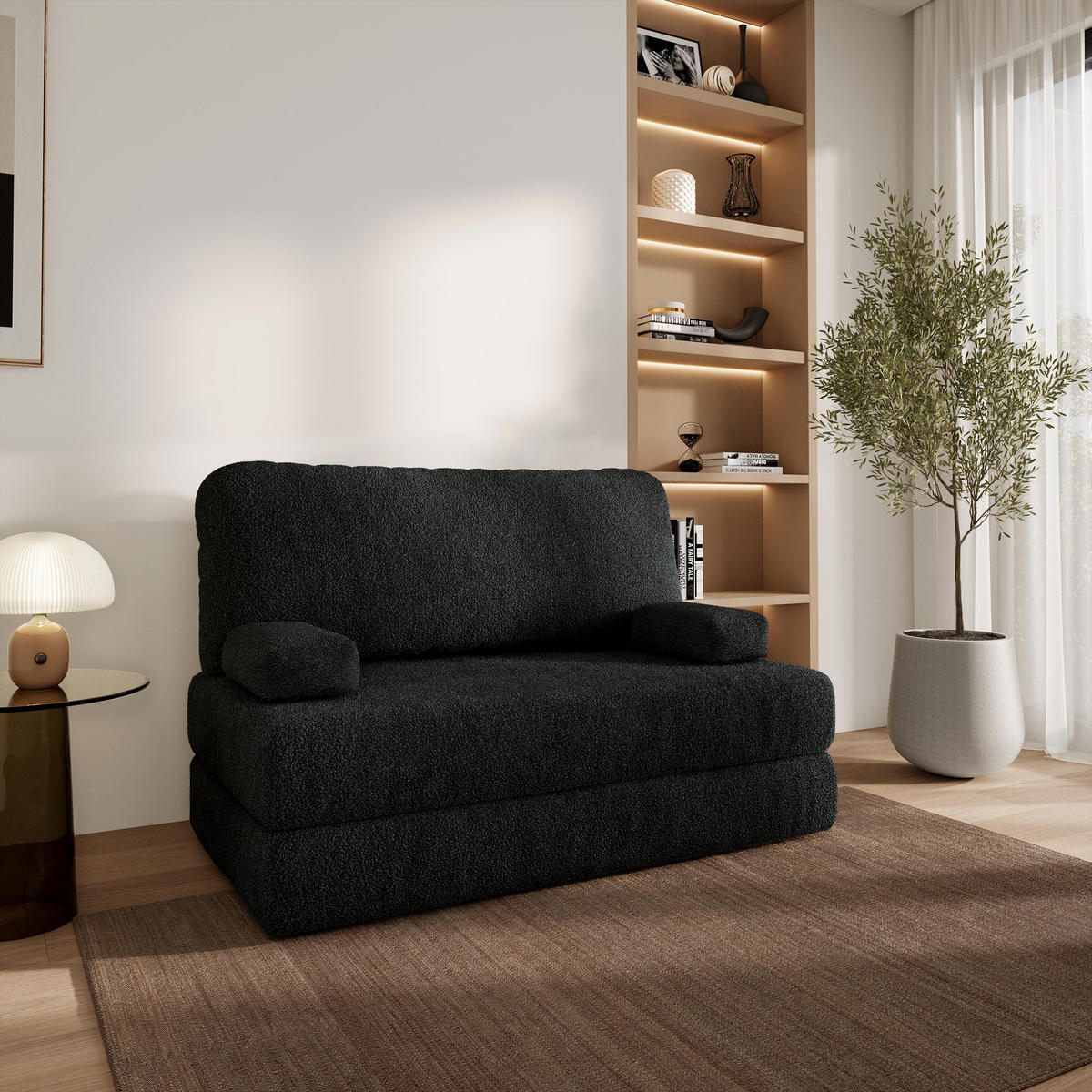 BETTSOFA KESTE aus Schaumstoff Bucle-Stoff Schwarz Schlaffunktion - Schwarz, Textil (140/86/60cm) - MASSENO