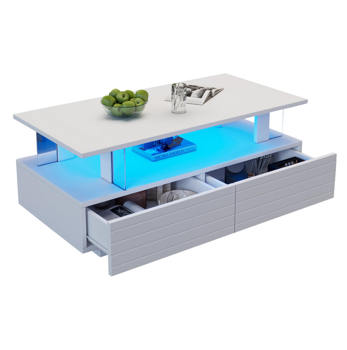 COUCHTISCH 100/50/42 cm in Weiß mit LED-Beleuchtung und 2 Schubladen - Weiß, Holzwerkstoff (100/50/42cm) - Flora Grace