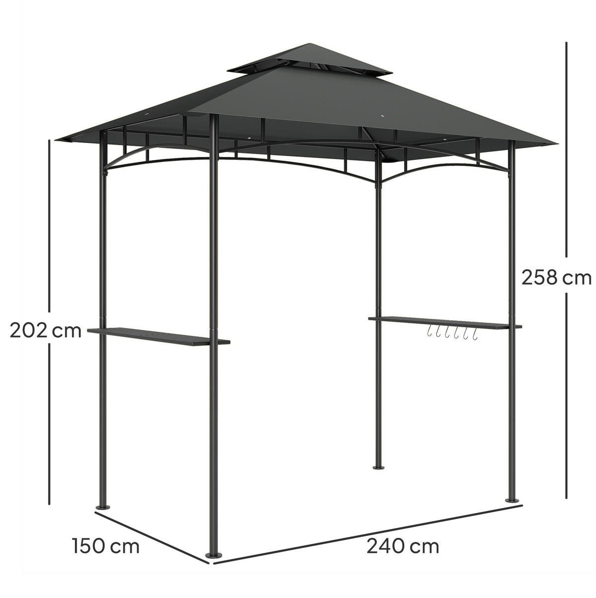 GRILLPAVILLON 240/150/258 cm dunkelgrau aus Polyester mit Doppeldach und LED - Dunkelgrau, Textil (240/258/150cm) - OKWISH