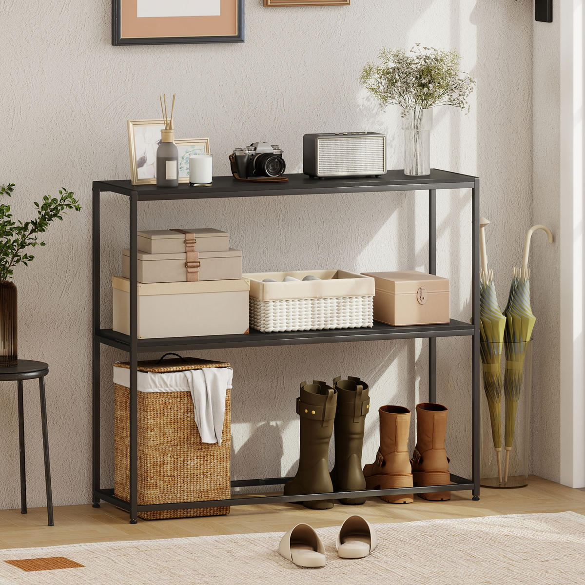 KONSOLENTISCH DE-16823 Minimalistisch, 2 Ablagen, Stahl Schwarz - Schwarz, Holzwerkstoff (100/30/87cm) - ComfortXL