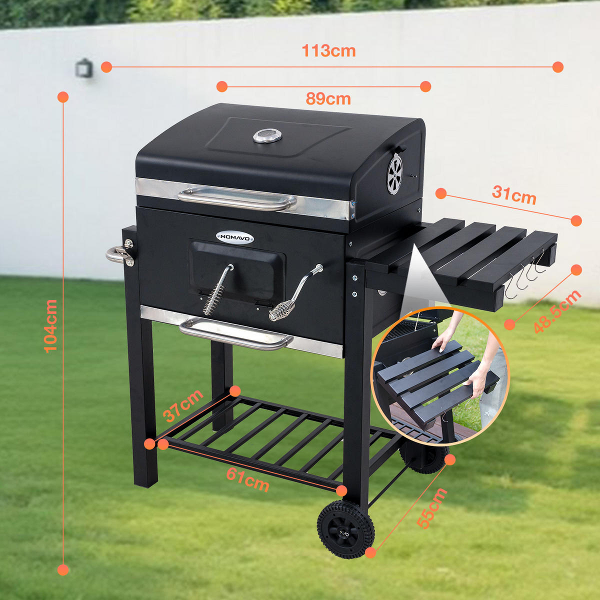 HOLZKOHLEGRILL mit Abdeckung - Schwarz, Metall (55/104/113cm) - HOMAVO