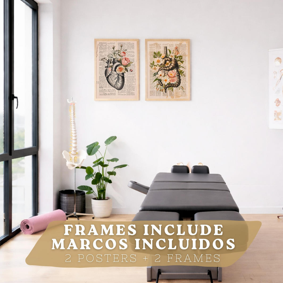 POSTER Set aus 2 Anatomie Mensch Drucke und Wandbilder mit Verdauungssystem Darm und Herz Klassisches Florales Design Größe Leichter Holzrahmen A4 - Beige, Papier (21/29.7/3cm) - Nacnic
