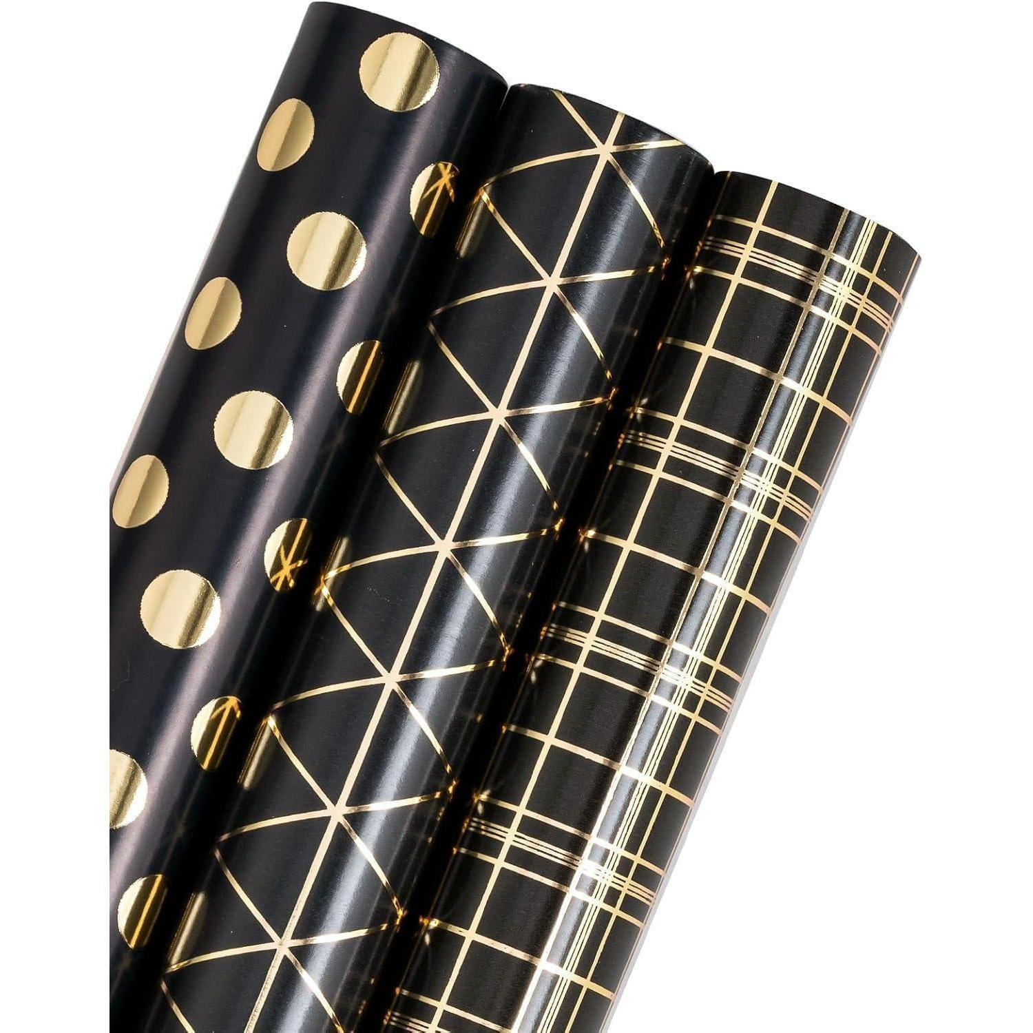 GESCHENKPAPIER 3 Rollen Metallic-Schwarz-Gold-Design 43,2 cm x 3,05 m - Multicolor, Papier (10/4/44cm)