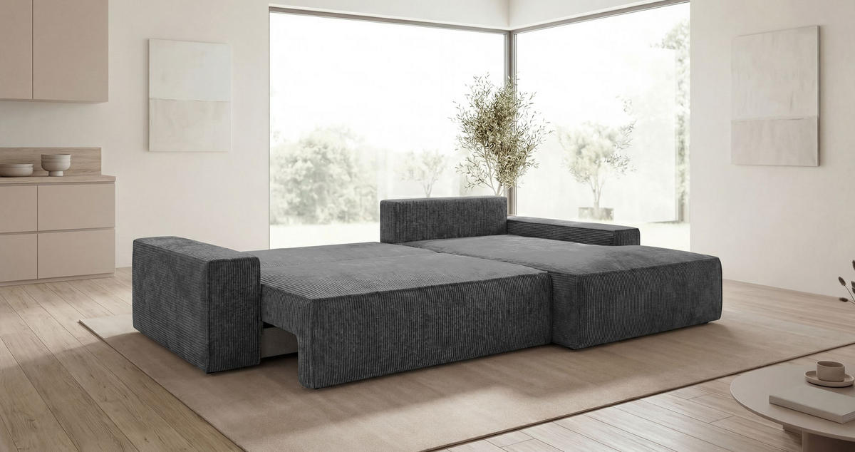 ECKSOFA VERONA rechts dunkelgrau Cord Poso 60 - Schlaffunktion, Bettkasten - Anthrazit, Textil (280/184cm) - Cornero
