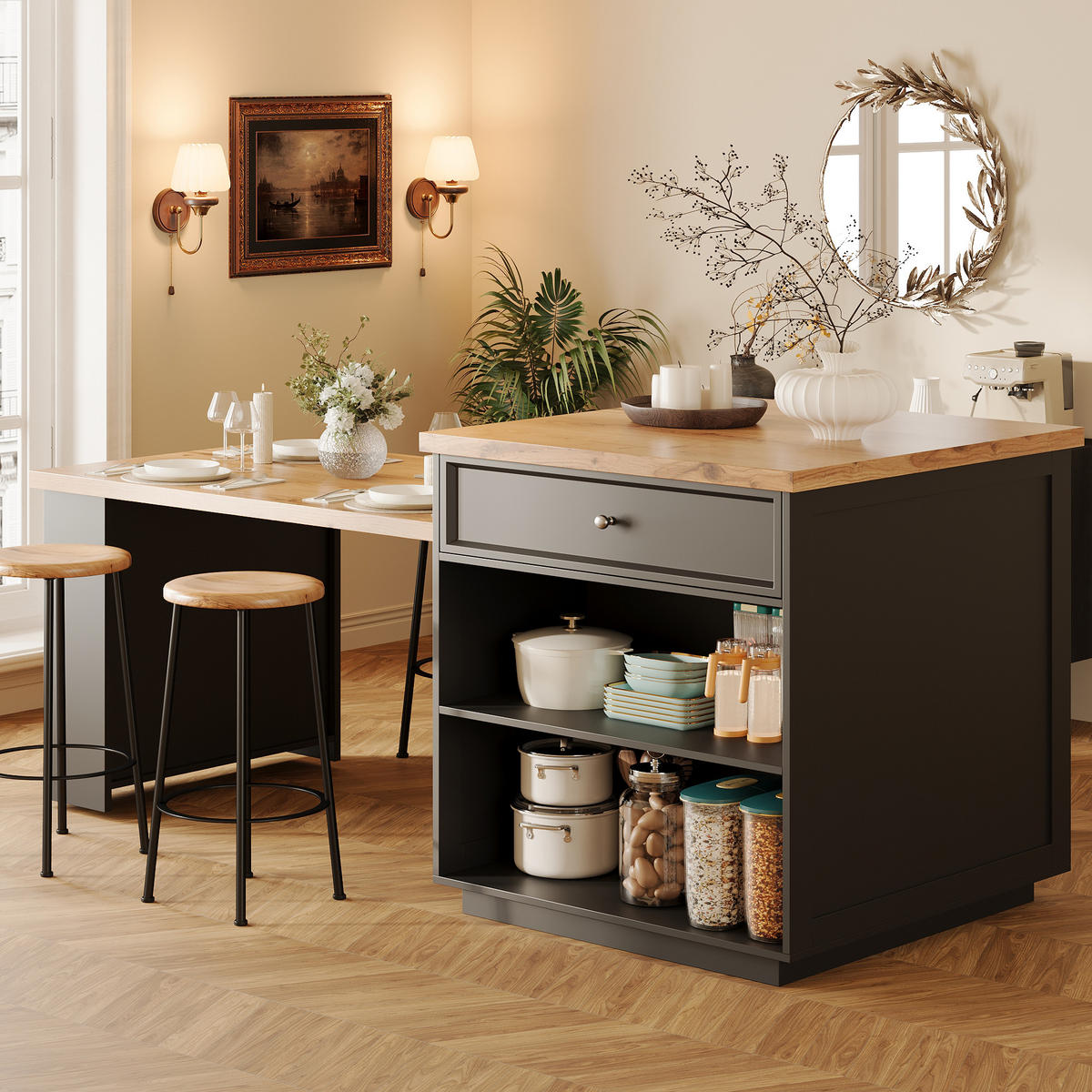 KÜCHENINSEL Ausziehbar Schubladen Rollen Holzoptik Schwarz - Schwarz, Holzwerkstoff (184/94/70cm) - FLIEKS