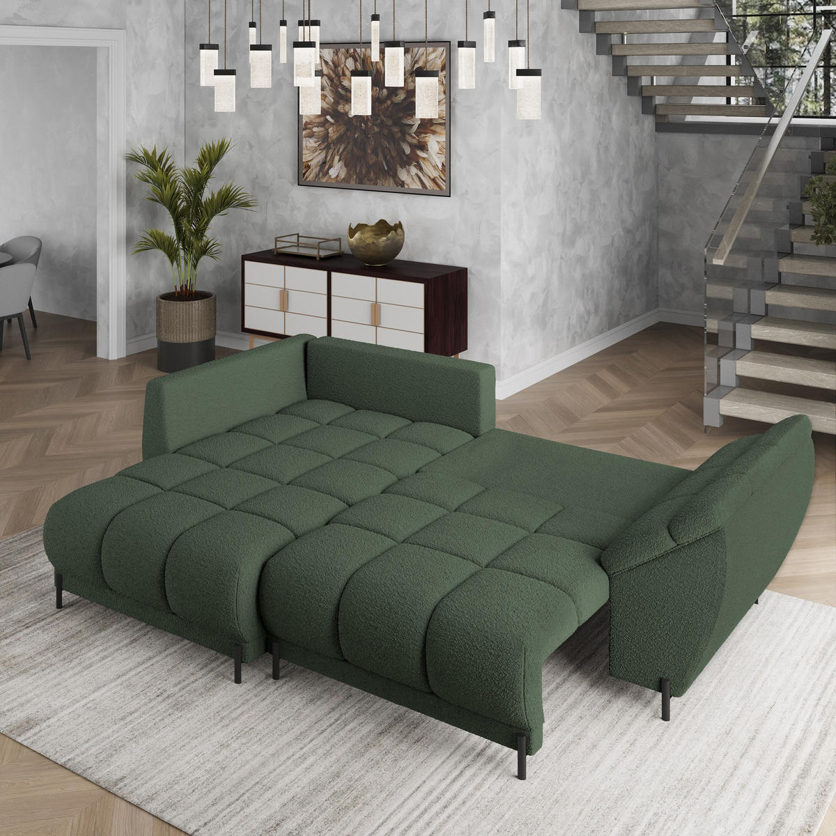 ECKSOFA VESTANO L-S Grün Boucle-Stoff mit Schlaffunktion - Grün, Holz (287/182cm) - MASSENO
