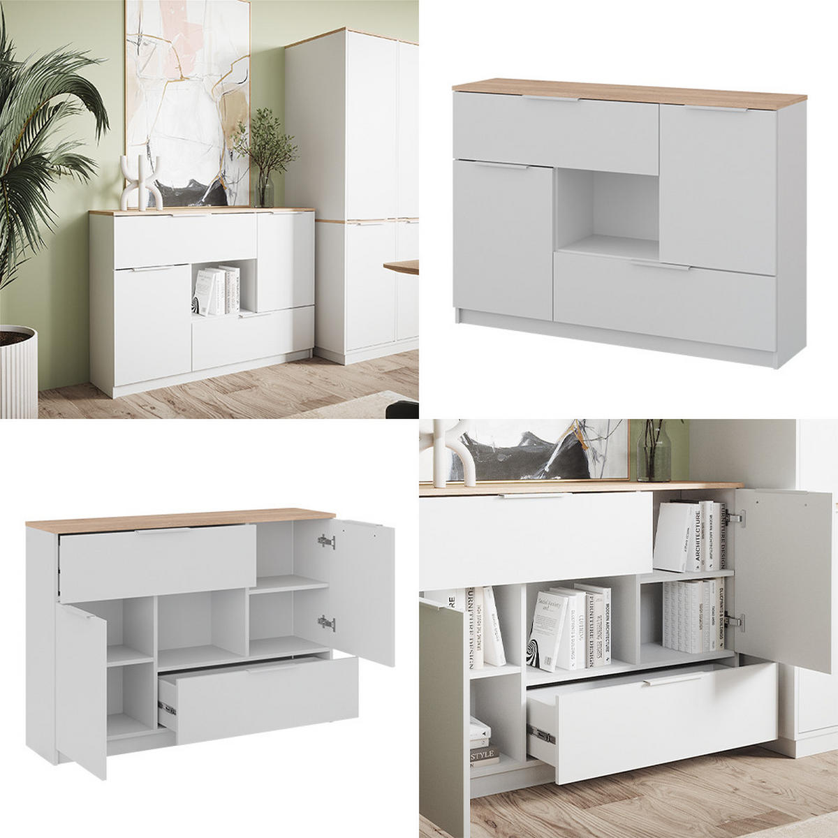 KOMMODE Betti Weiß/Sonoma 120 x 83.6 cm 2x Tür 2x Schublade und 1x offenes Fache - Weiß/Sonoma Eiche, Holzwerkstoff (120/83.6/30cm) - Vicco