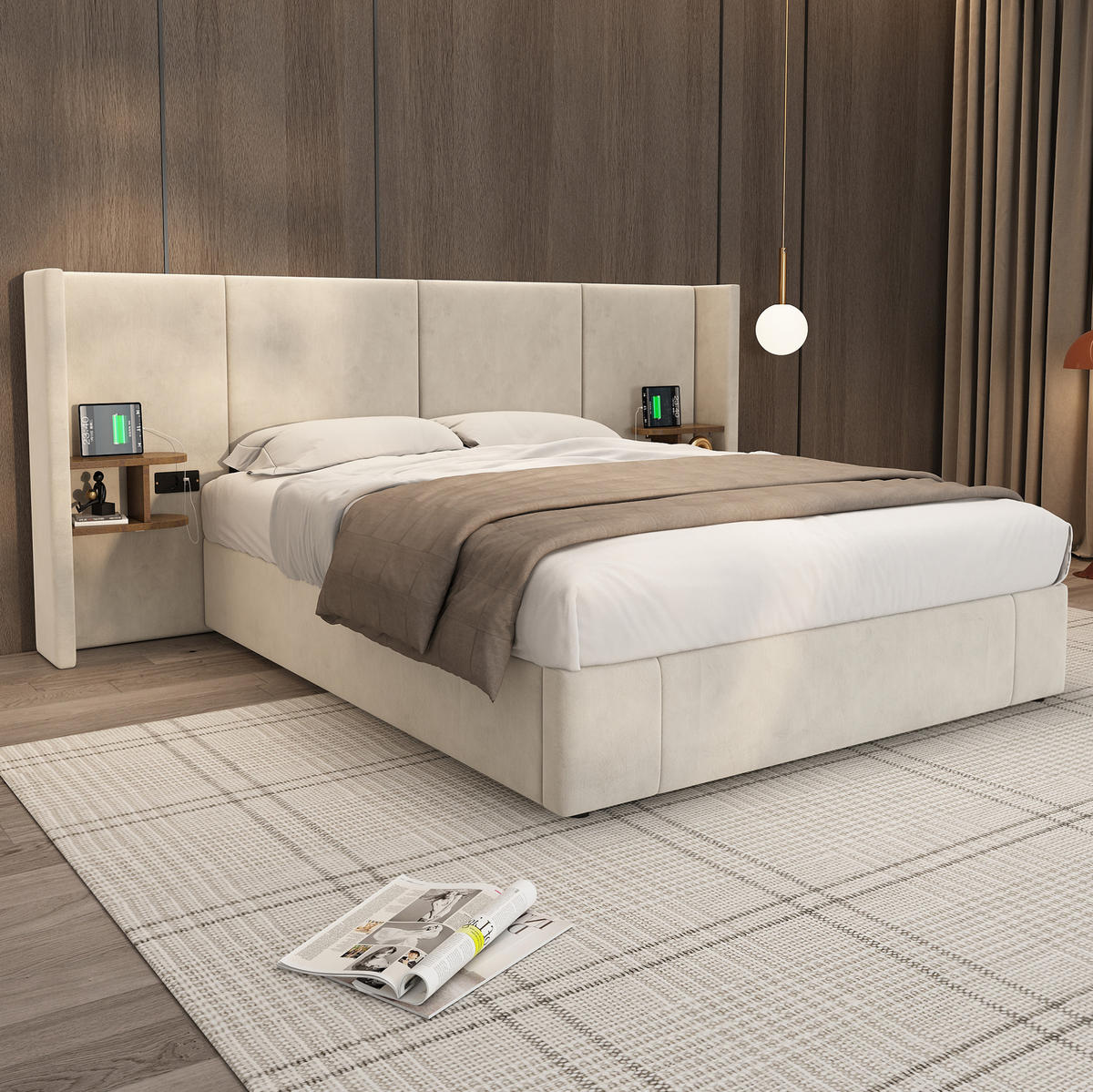 POLSTERBETT 160/200 cm Beige aus Samt mit Stauraum - Beige, Textil (160/200cm) - OKMYHOME