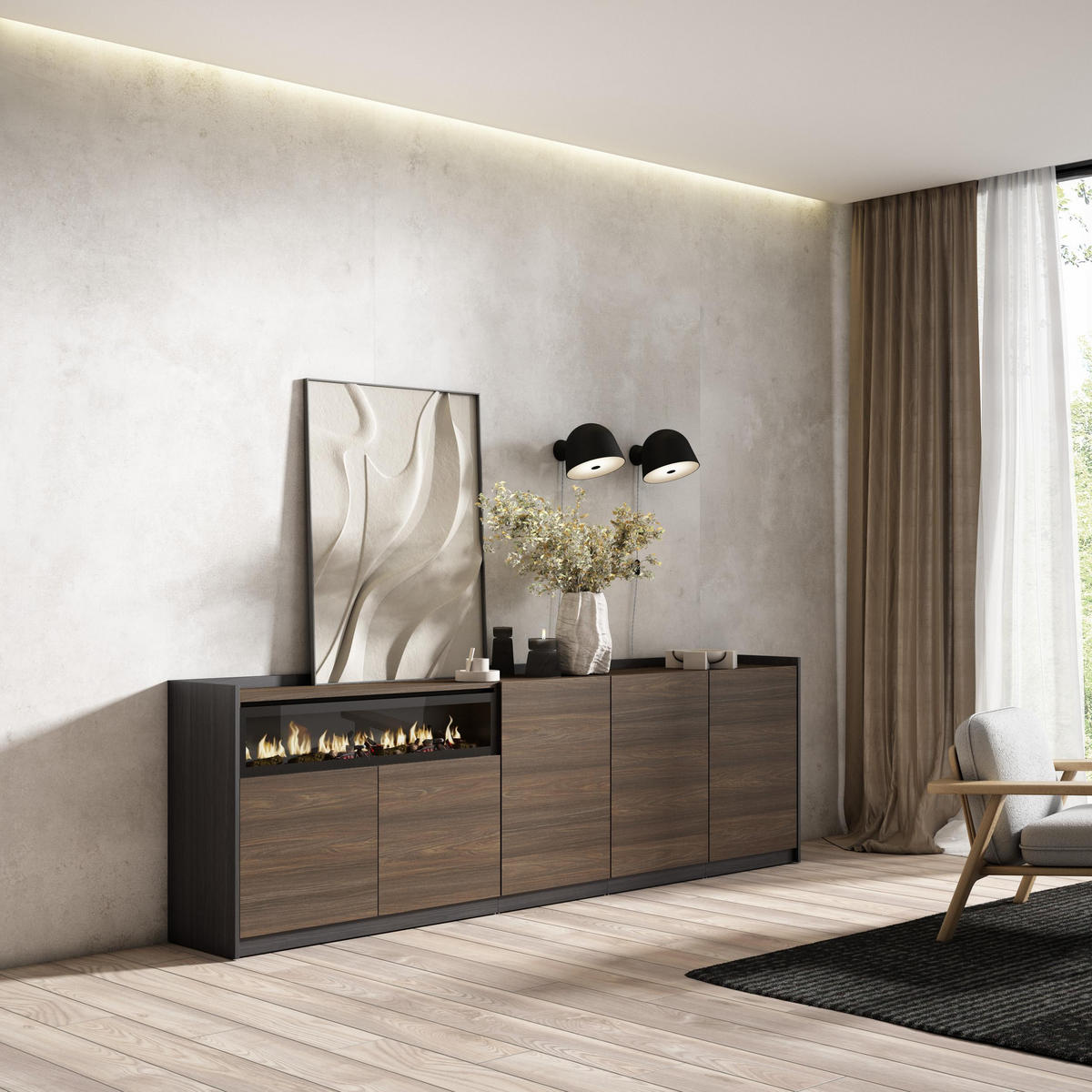 SIDEBOARD, Dunkler Eiche und Schwarz, Elektrokamin, 260/37/80cm - Dunkelbraun, Holzwerkstoff (260/80/37cm) - Skraut Home