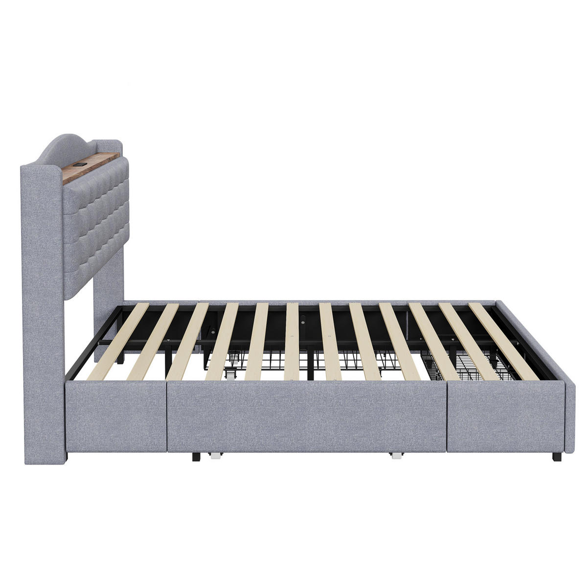 POLSTERBETT 160/200 cm mit USB-Anschluss, Ablage und 4 Schubladen, Leinenstoff, Grau - Grau, Textil (160/200cm) - Redom