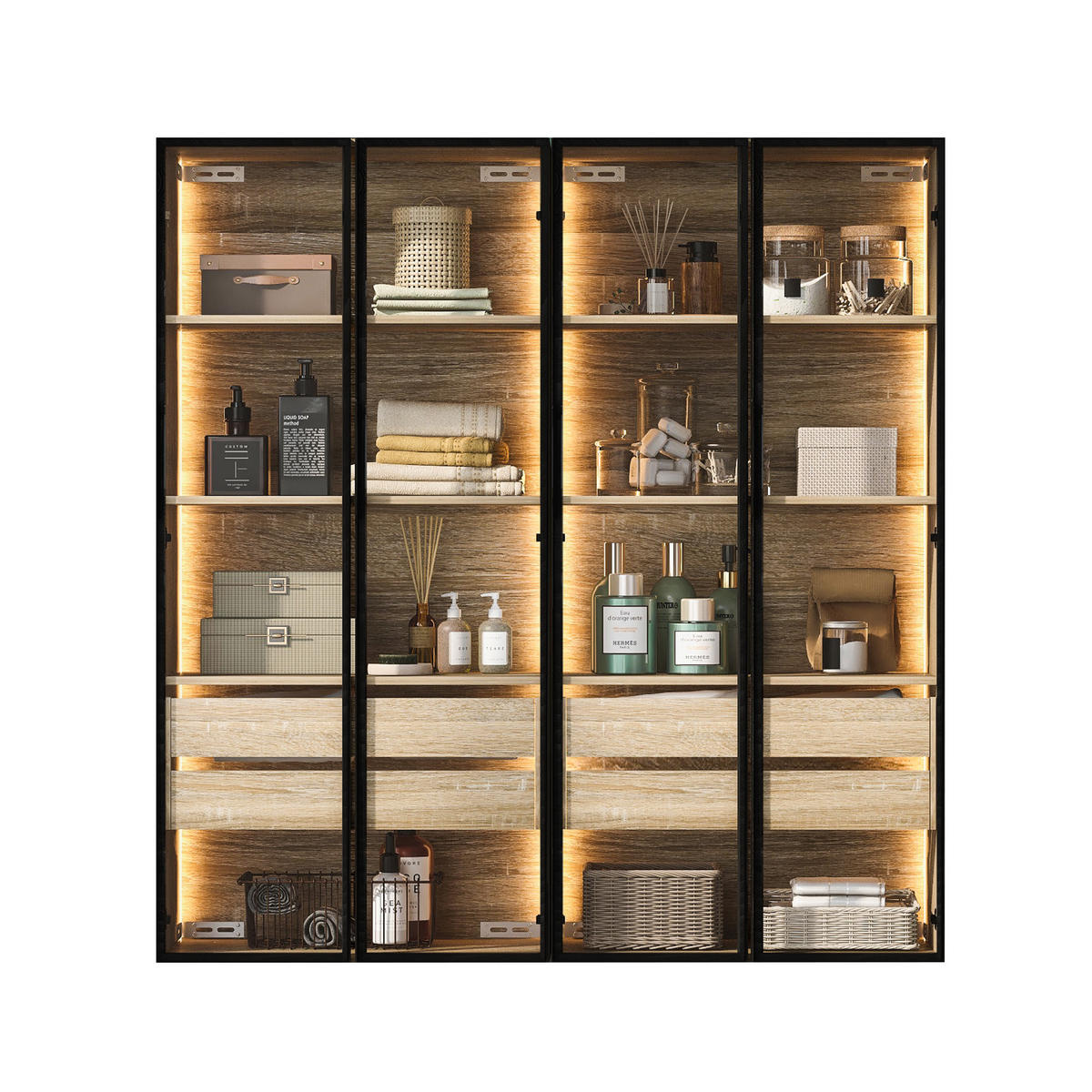 BADEZIMMERSCHRANK 74x36x155 cm Natural aus Spanplatte mit LED-Beleuchtung & Glasschranktüren - Naturfarben, Holzwerkstoff (74/155/36cm) - Modfu