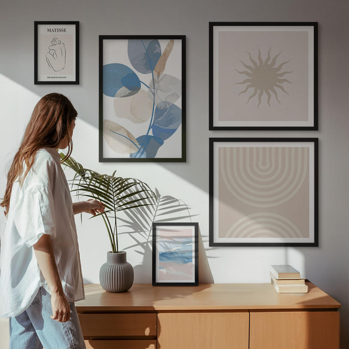 WANDBILDER 5er-Set - 50x50 cm & 20x30 cm & 40x60 cm Schwarzer Rahmen - Linien, Wellen, Pastellfarben, minimalistisch - Schwarz, Kunststoff (40/60cm) - ArtPrintCave
