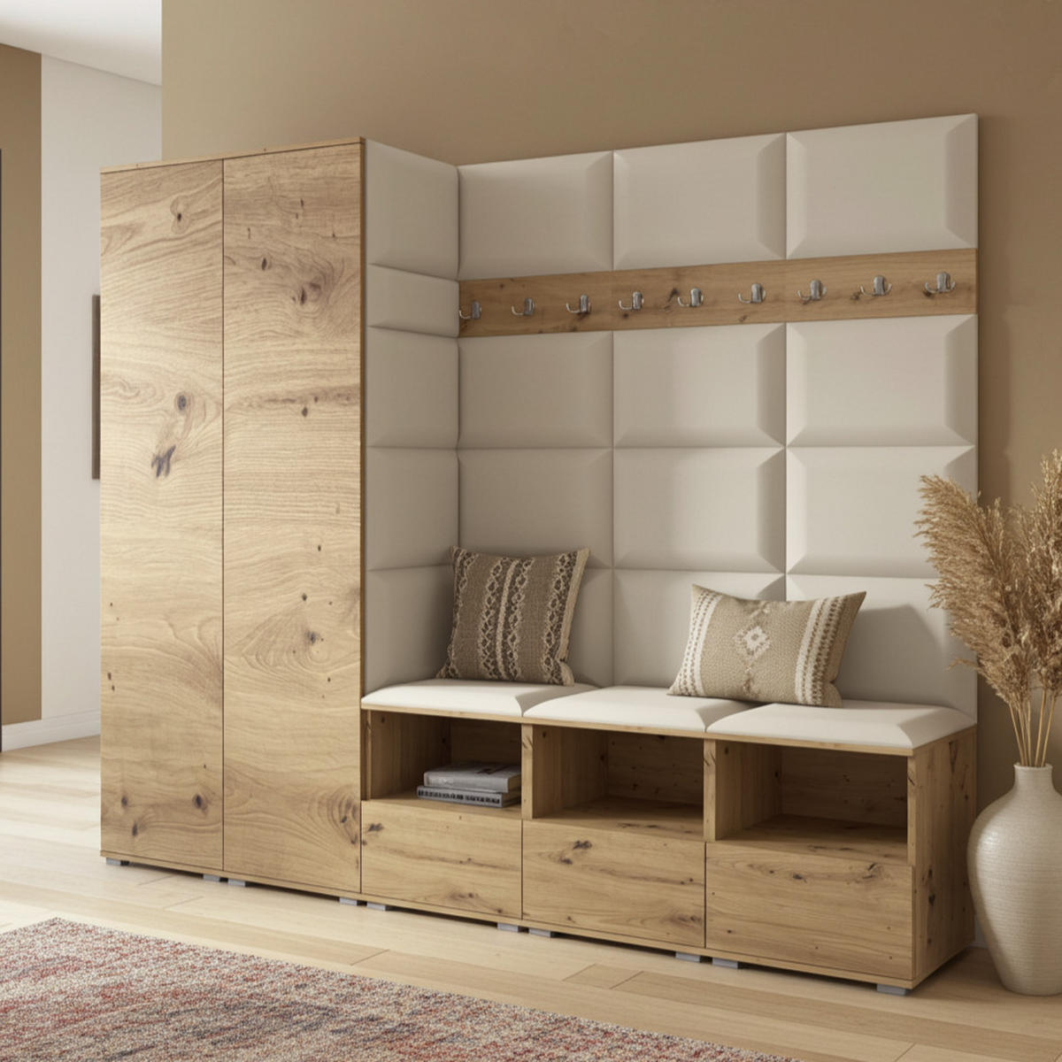 GARDEROBE NELA VII 250 cm (Modulare Flurmöbel XL Artisan Eiche mit Sitzpolster Creme 01 2 Schränke) - Silberfarben/Creme, Holz/Holzwerkstoff (250/187/40cm) - Ravio