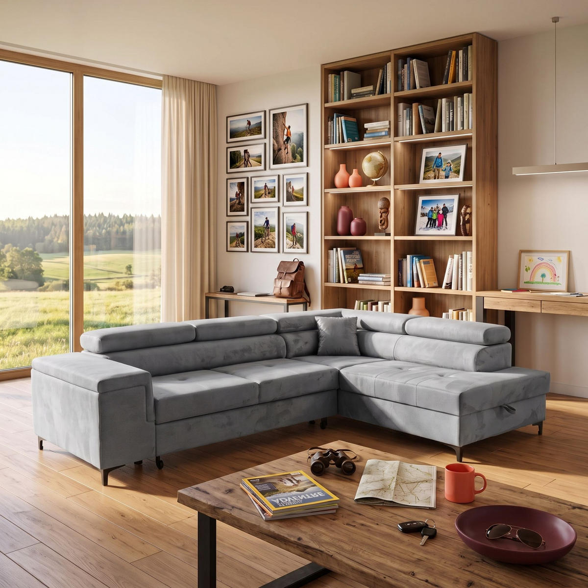 ECKSOFA WILLIAM L Rechts mit Schlaffunktion 127x195 Velours Hellgrau - Silberfarben/Hellgrau, Holz/Textil (203/275cm) - Muffo