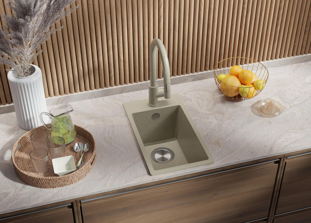 GRANITSPÜLE Riga, 2-er set Beige 28/50 cm 1 Becken + Küchenarmatur 38/14 cm + Ablauf-Set ab 30er Unterschrank - Beige, Kunststoff (28/20/50cm) - Primagran