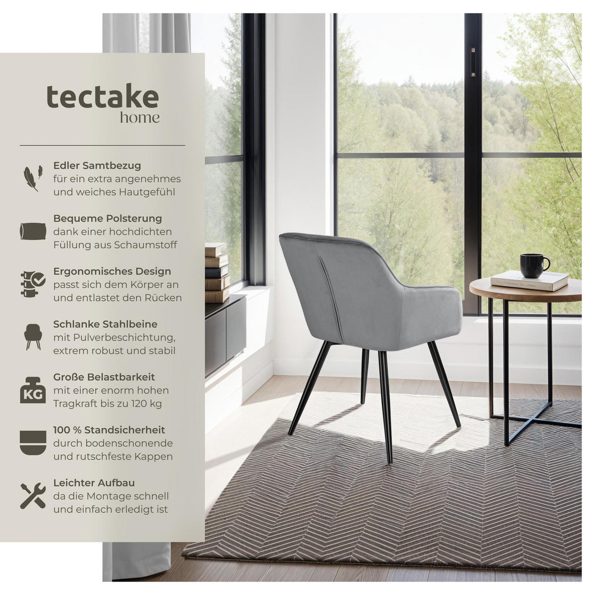 ESSZIMMERSTUHL 4er Set Marilyn,58 x 62 x 82 cm,grau/schwarz - Schwarz/Grau, Textil (58/82/62cm) - tectake