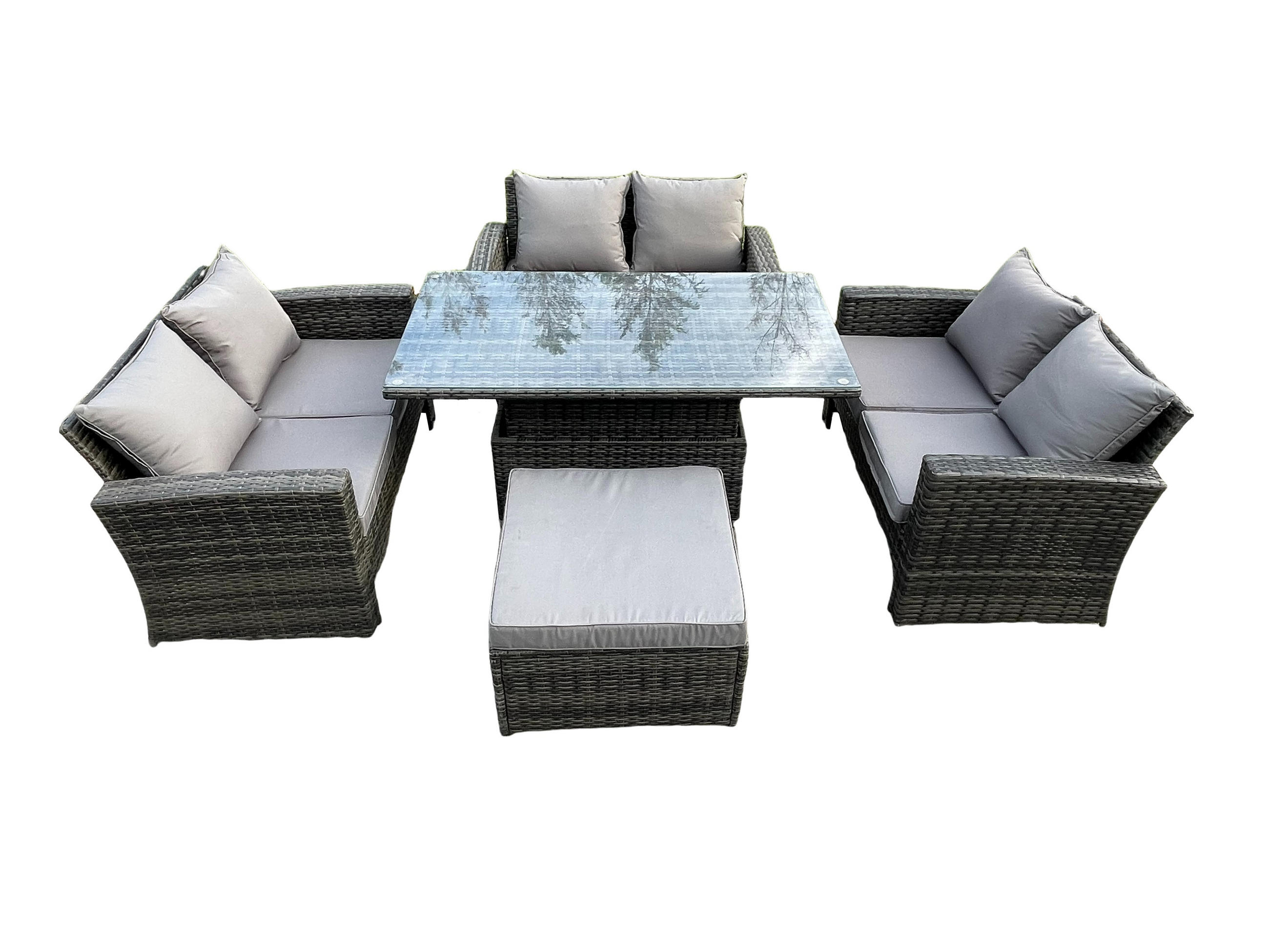 GARTENMÖBEL SITZGRUPPE MIT HÖHENVERSTELLBAREN ESSTISCH DOPPELSITZ-SOFA HOCKER Polyrattan Dunkelgrau Gemischt 7-Sitzer - Dunkelgrau, Metall - Fimous