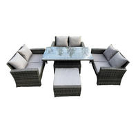 GARTENMÖBEL SITZGRUPPE MIT HÖHENVERSTELLBAREN ESSTISCH DOPPELSITZ-SOFA HOCKER Polyrattan Dunkelgrau Gemischt 7-Sitzer - Dunkelgrau, Metall - Fimous