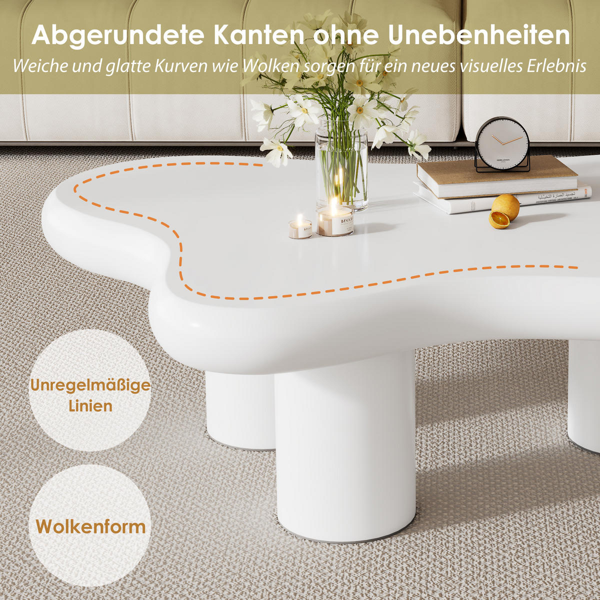COUCHTISCH wolkenförmig 97/67/32 cm in Weiß MDF mit Filzunterlagen - Weiß, Holzwerkstoff (97/67/32cm) - OKWISH