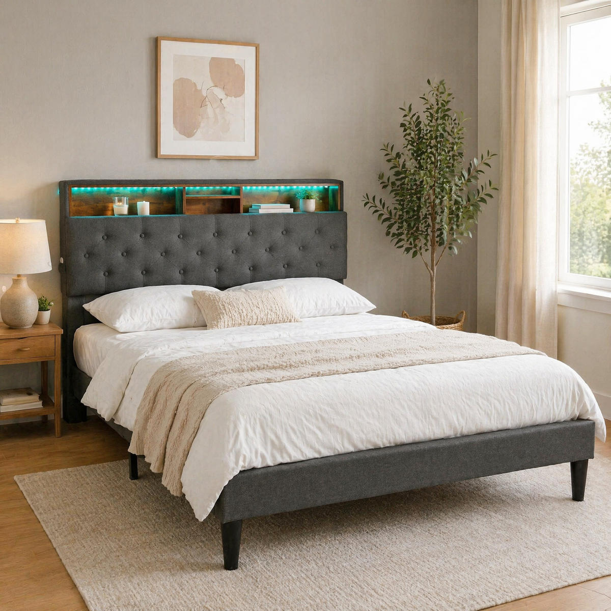 POLSTERBETT 140/200 mit Bettkasten, LED und Matratze in Grau - Grau, Holzwerkstoff/Textil (140/200cm) - EVRYAE