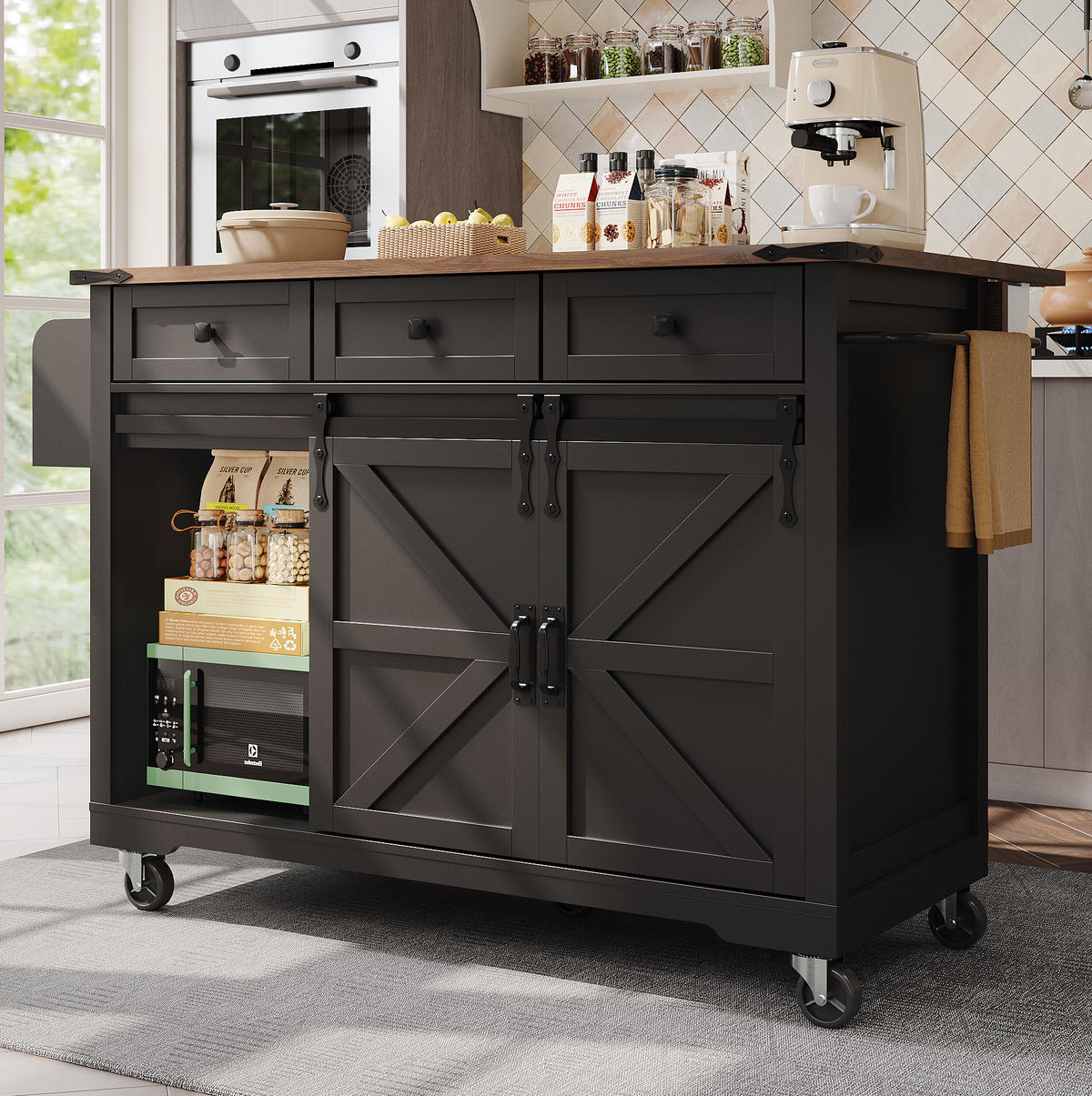 KÜCHENINSEL 140/45/94 cm schwarz mit klappbarer Arbeitsplatte - Schwarz, Holzwerkstoff (140/94/73cm) - OKWISH