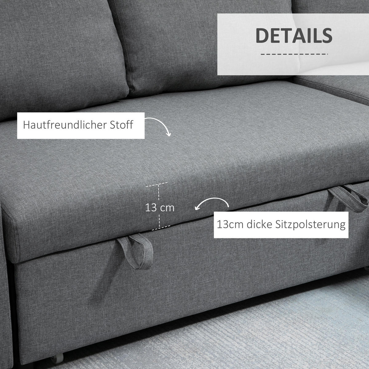 ECKSOFA mit Schlaffunktion Stauraum Eckcouch mit Chaiselongue Schlafsofa L-Form - Hellgrau/Schwarz, Kunststoff/Textil (146/211.5cm) - HOMCOM