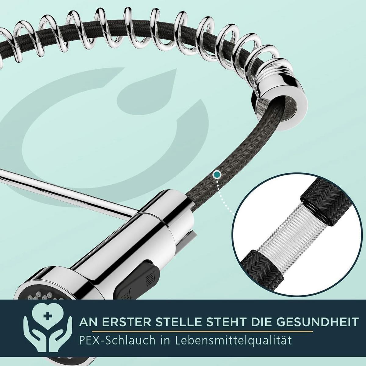KÜCHENARMATUR mit ausziehbarer Brause, 360° drehbar, polierter Chrom - Silberfarben, Metall (5/43/20cm)