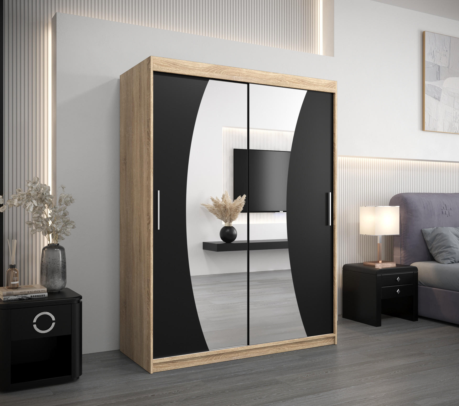 SCHWEBETÜRENSCHRANK 200/150/62 2-türig - Silberfarben/Schwarz, Holz/Kunststoff (150/200/62cm) - Abiks Möbel