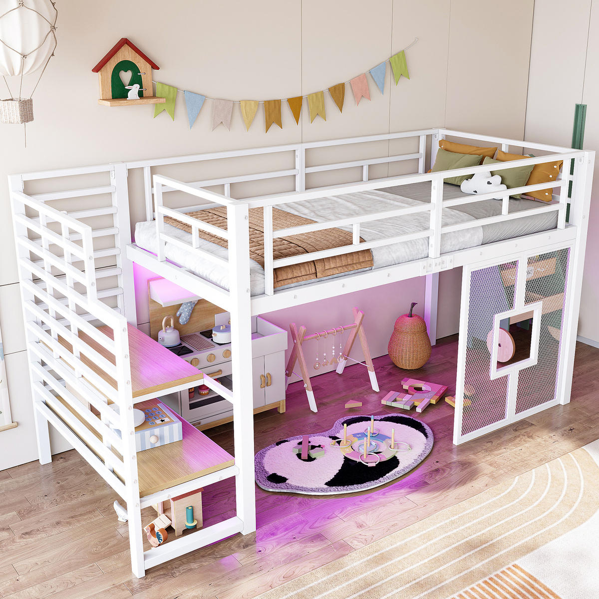 HOCHBETT 90/200 cm in Weiß mit Treppe, Stauraum und LED - Weiß, Metall (90/200cm) - WISHDOR
