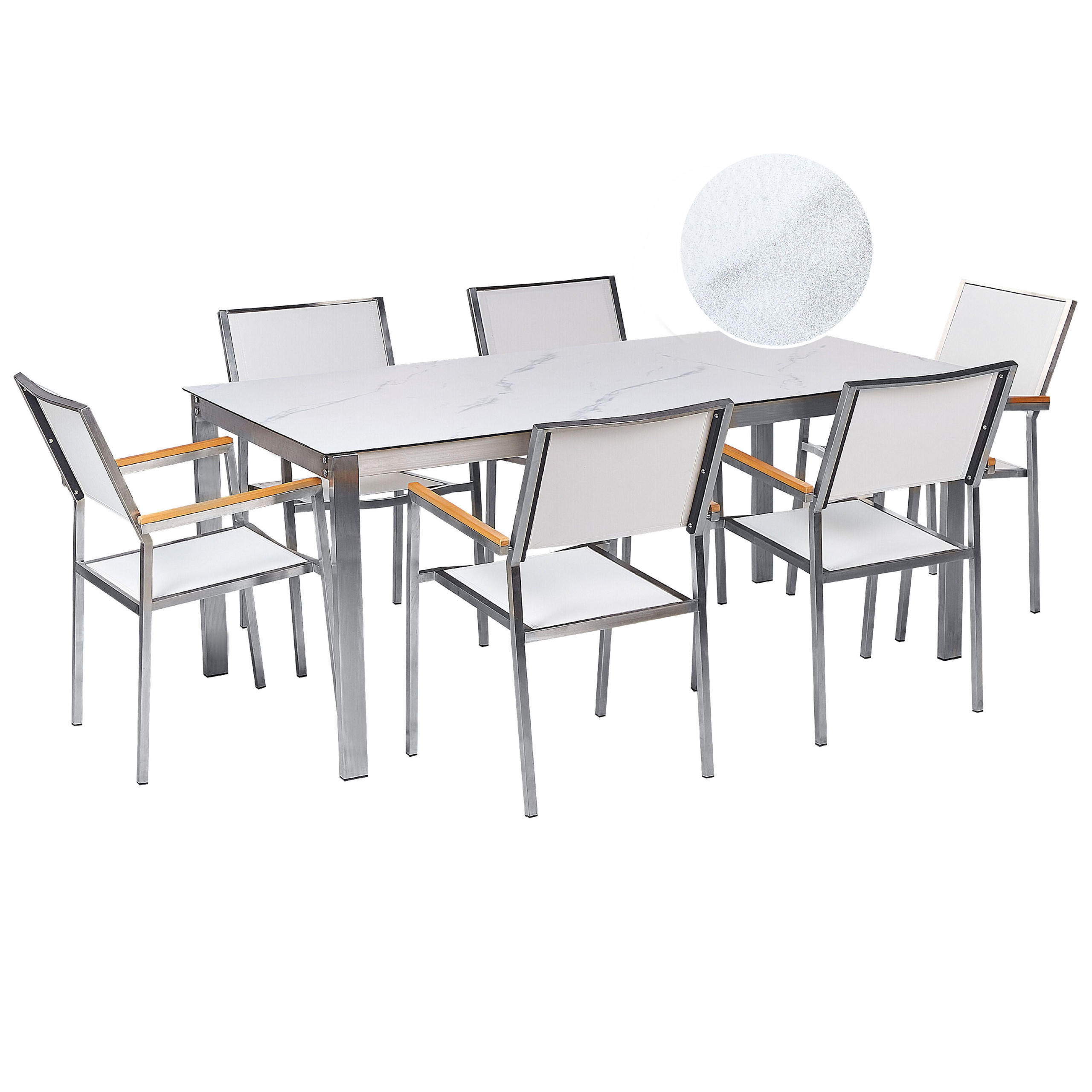 GARTENMÖBEL SET 6-Sitzer Keramik-Glas Marmor Optik Textil weiß Cosoleto/Grosseto - Silberfarben/Weiß, Glas - Beliani