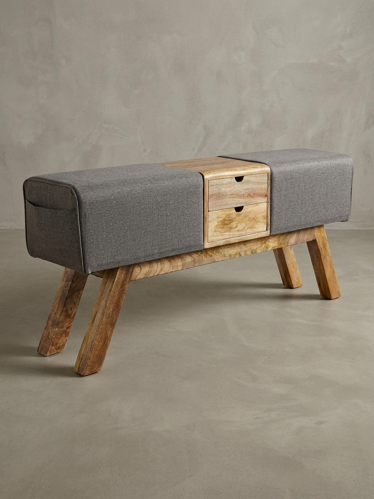 SITZBANK Massivholz Stoffbezug mit 2 Schubladen, Grau 120x30x56 cm - Braun/Grau, Mangoholz/Textil (120/56/30cm) - KADIMA DESIGN