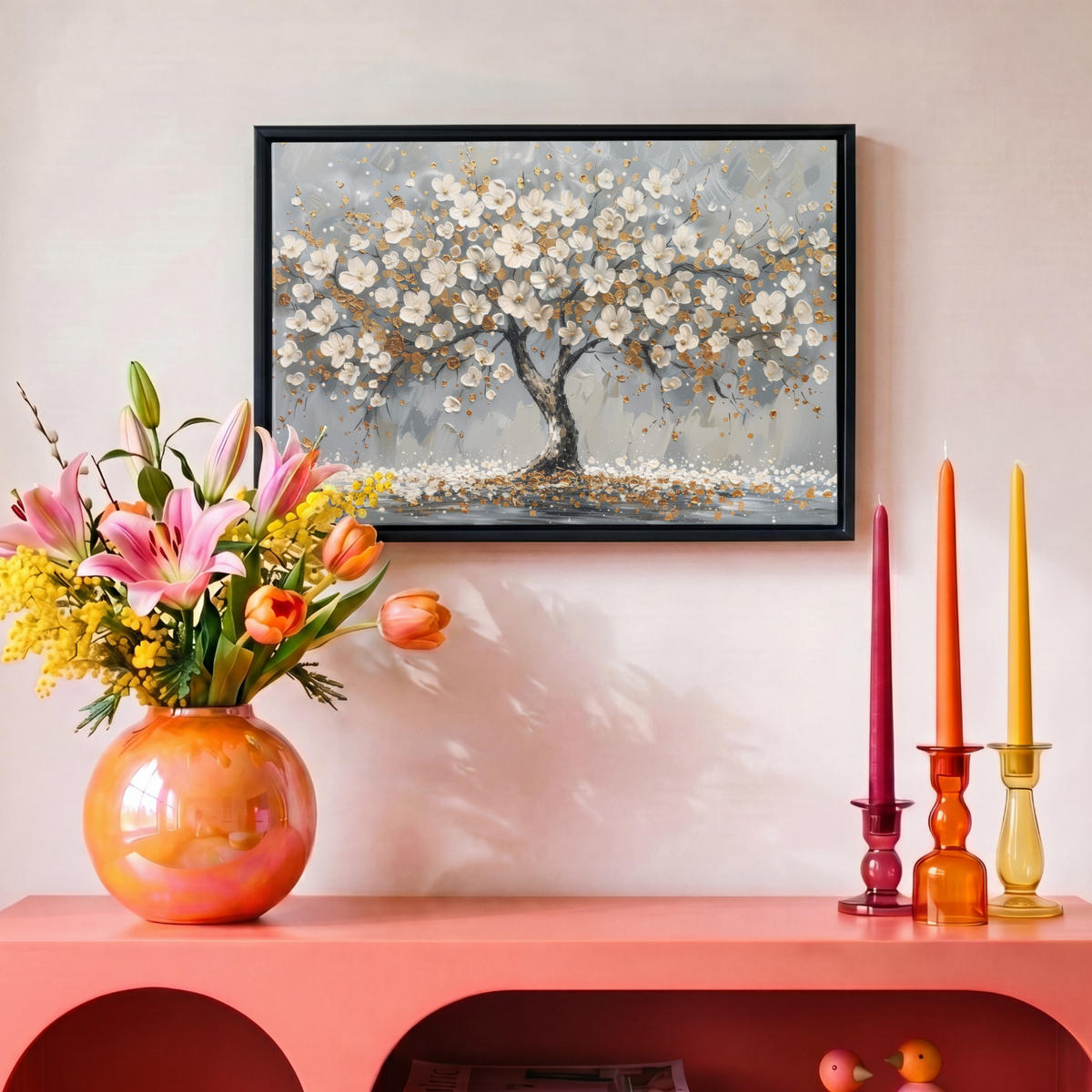 LEINWAND Bilder mit Rahmen - Baum - Blumen - Weiß - Natur - Kunst - 30x20 - Weiß, Textil (30/20cm) - MuchoWow