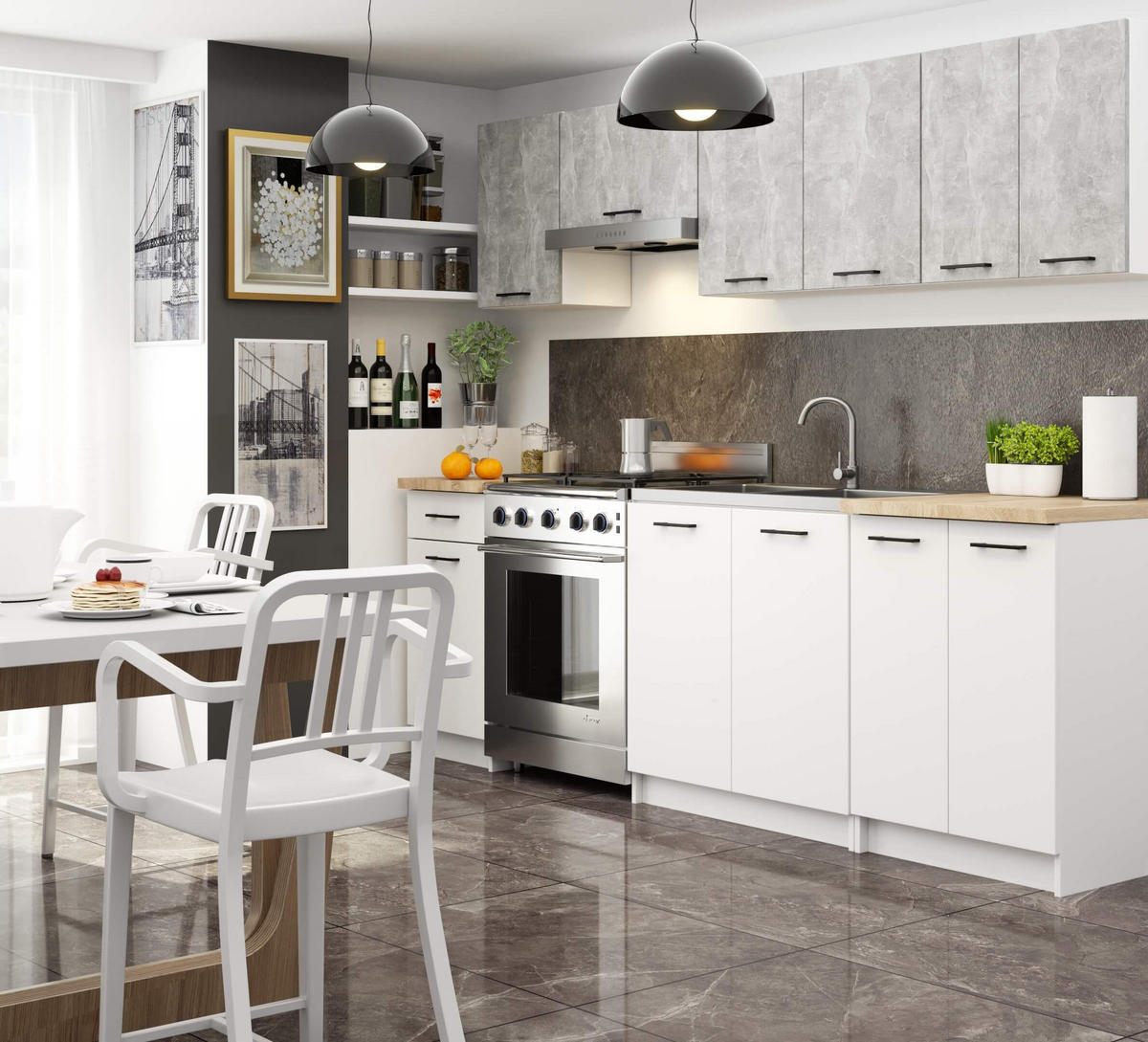 KUCHYŇSKÝ BLOK Beton, bílá 203/240/46 - bílá, kompozitní dřevo (240/203/46cm) - RAUMHIRSCH FURNITURE