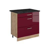 KÜCHENUNTERSCHRANK R-Line, Rot Hochglanz/Goldkraft Eiche, 80 cm mit 3 Schubladen Arbeitsplatte Anthrazit - Eichefarben/Rot, Holzwerkstoff (80/81.6/60cm) - Vicco
