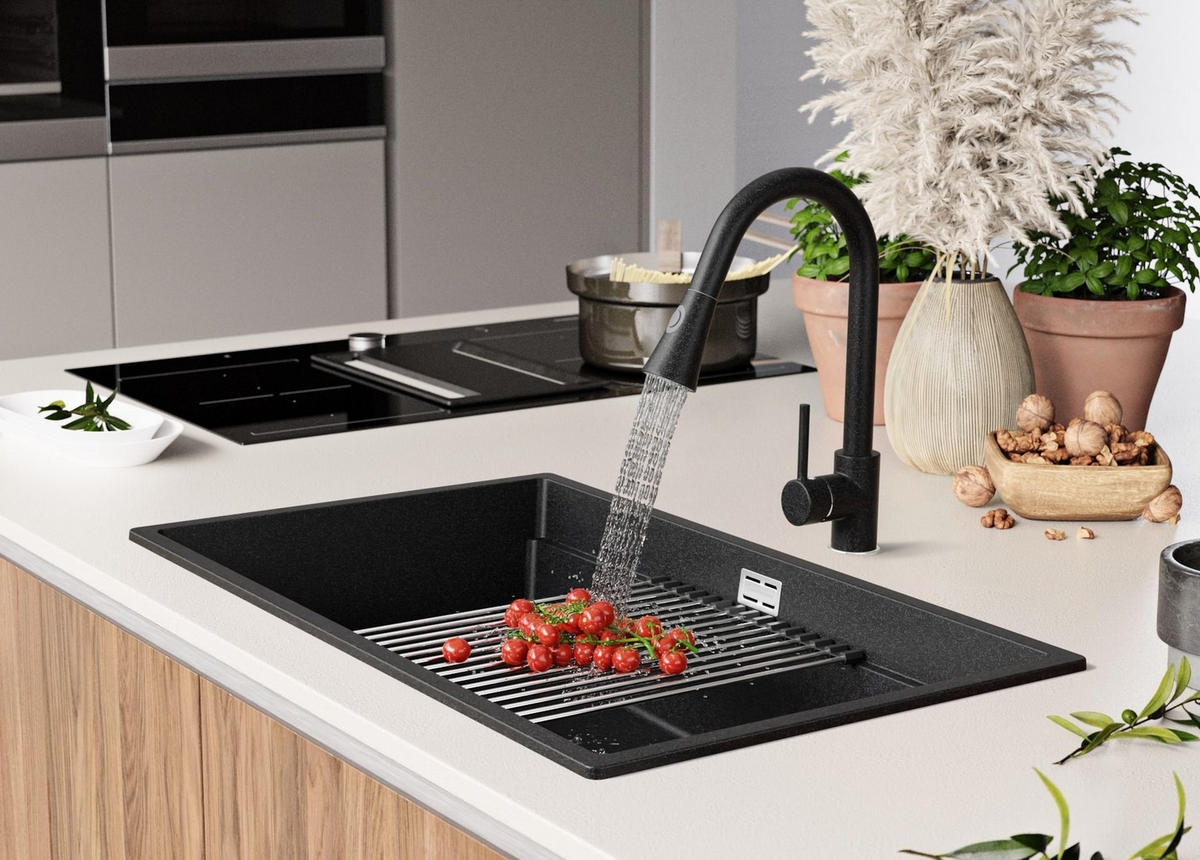 SPÜLBECKEN Praga Slim, 2-er set Anthrazit 76/47 cm 1 Becken + Ablauf-Set + Aufrollbare Abtropffläche ab 80er Unterschrank - Chromfarben/Anthrazit, Kunststoff (76/20/47cm) - Primagran