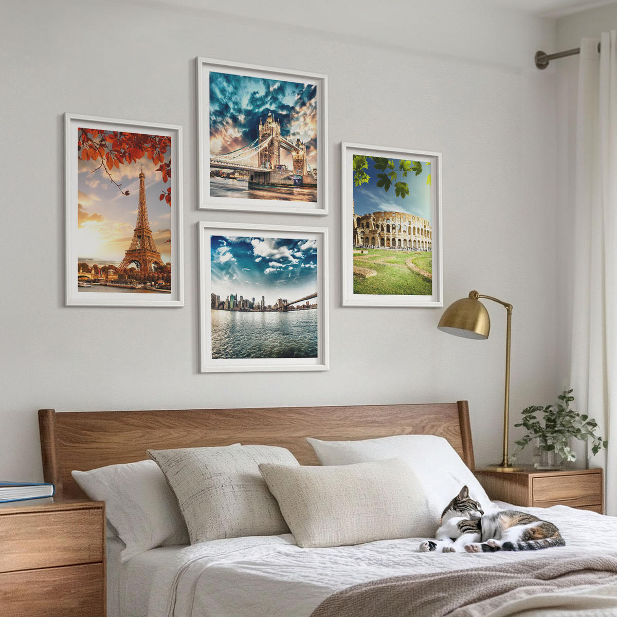 BILDER SET 4er Set - 50x50 cm & 40x60 cm Weißer Rahmen - Denkmäler Europas in warmen Farben - Weiß, Kunststoff (50/50cm) - TULUP